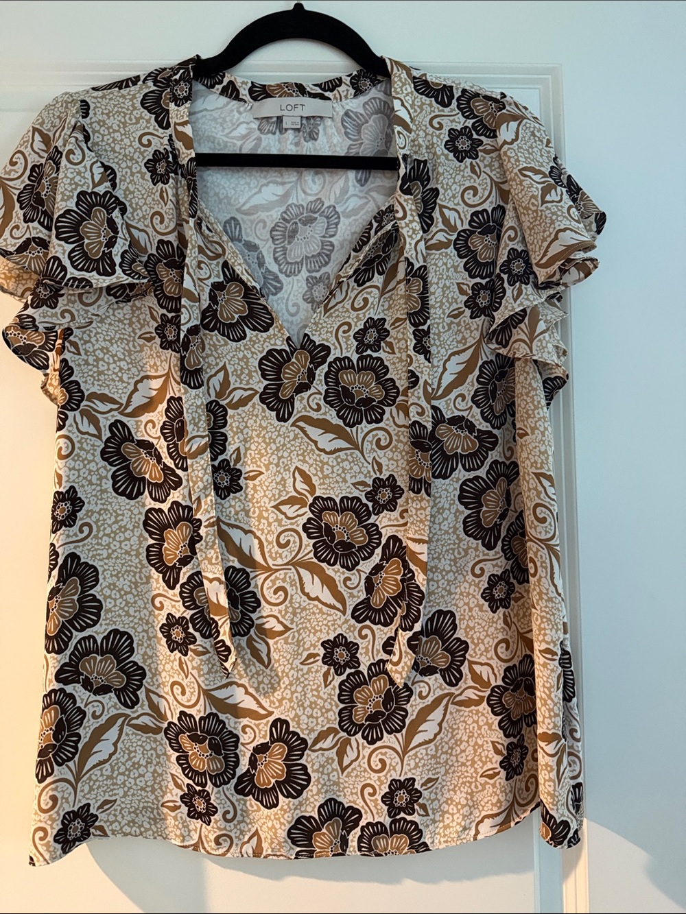 LOFT Floral V-Neck Ruffle Sleeve Top in Beige and Black